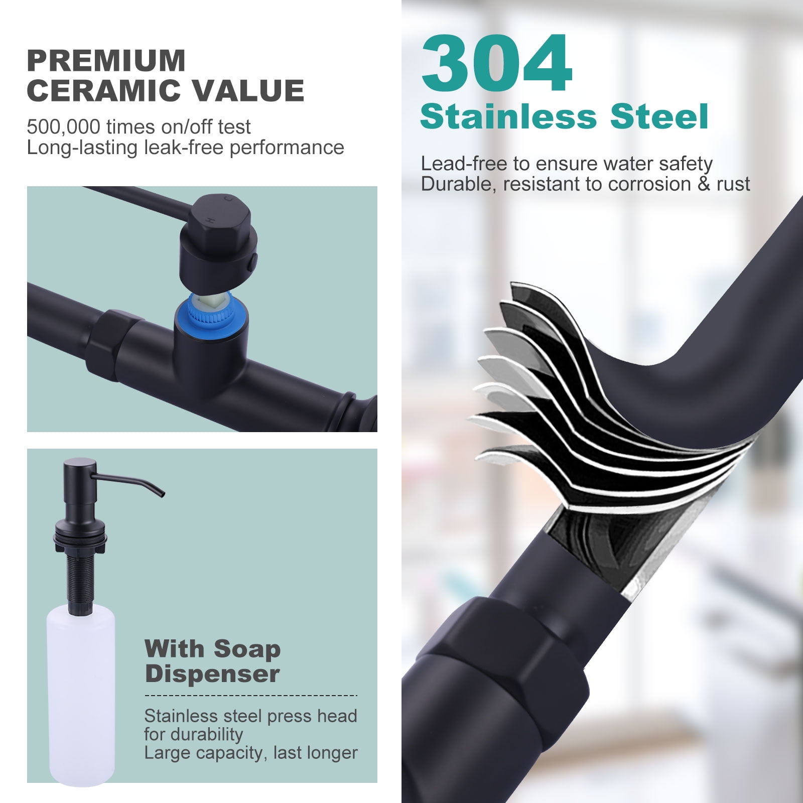 WOWOW Single-Handle Pull Down Sprayer Kitchen Faucet with Pull Out Spray Wand and Soap Dispenser in Matte Black