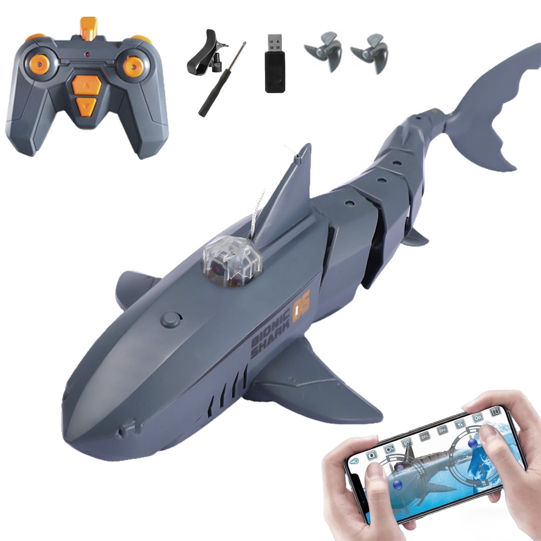 Remote Control Shark with HD Underwater Camera, 2.4G & APP Dual Control, 360° Movement, Dual Propellers, Water Swimming Fish, FPV RC Shark Boat for Adults Pool Pond Lakes Outdoor, Gray