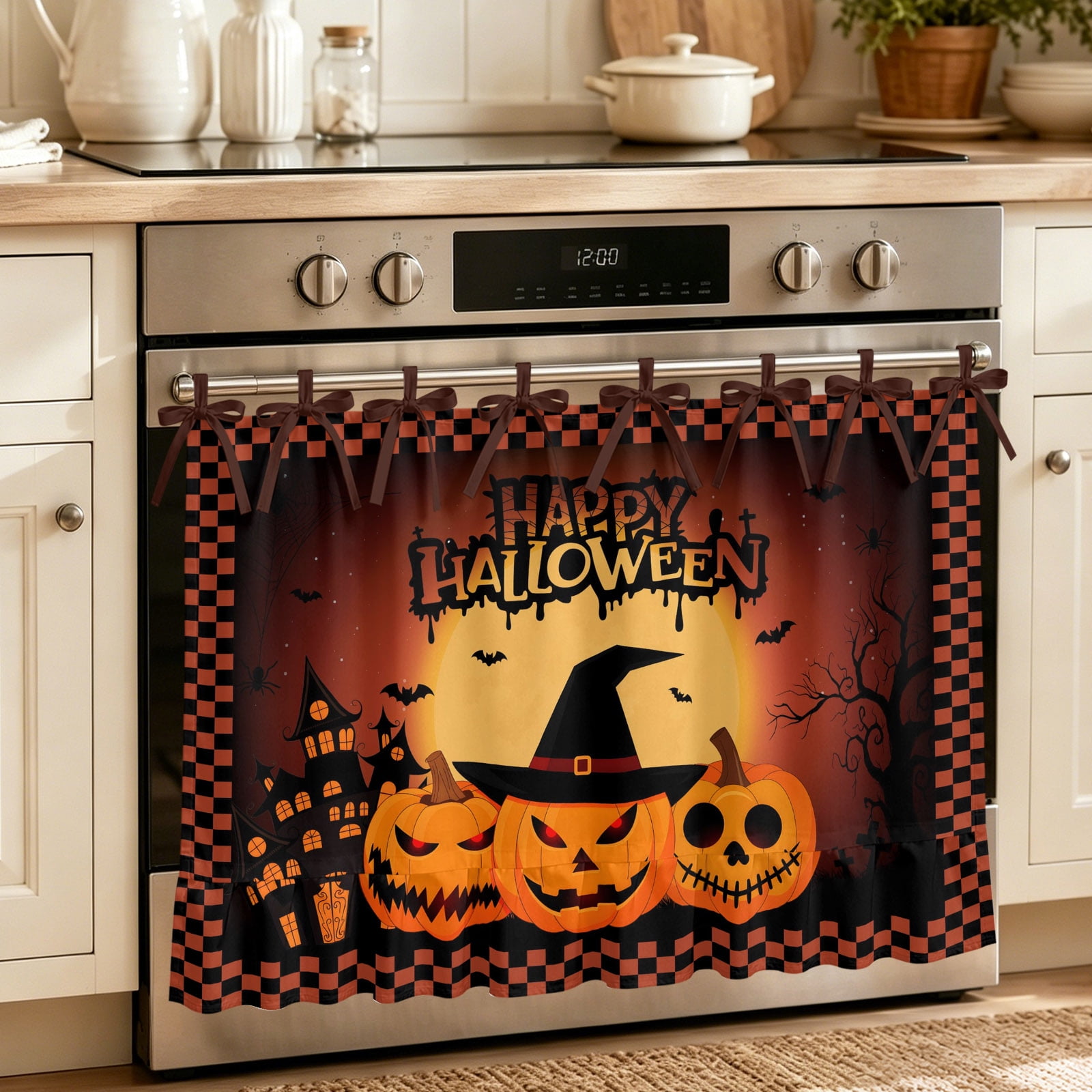 Oven Curtain for Kitchen Halloween Scary Orange Pumpkin Ghost Witch Hat Stove Curtain With Ruffled Trim Dishwasher Curtains Moon Spiders- Web Oven Skirt 32 x24