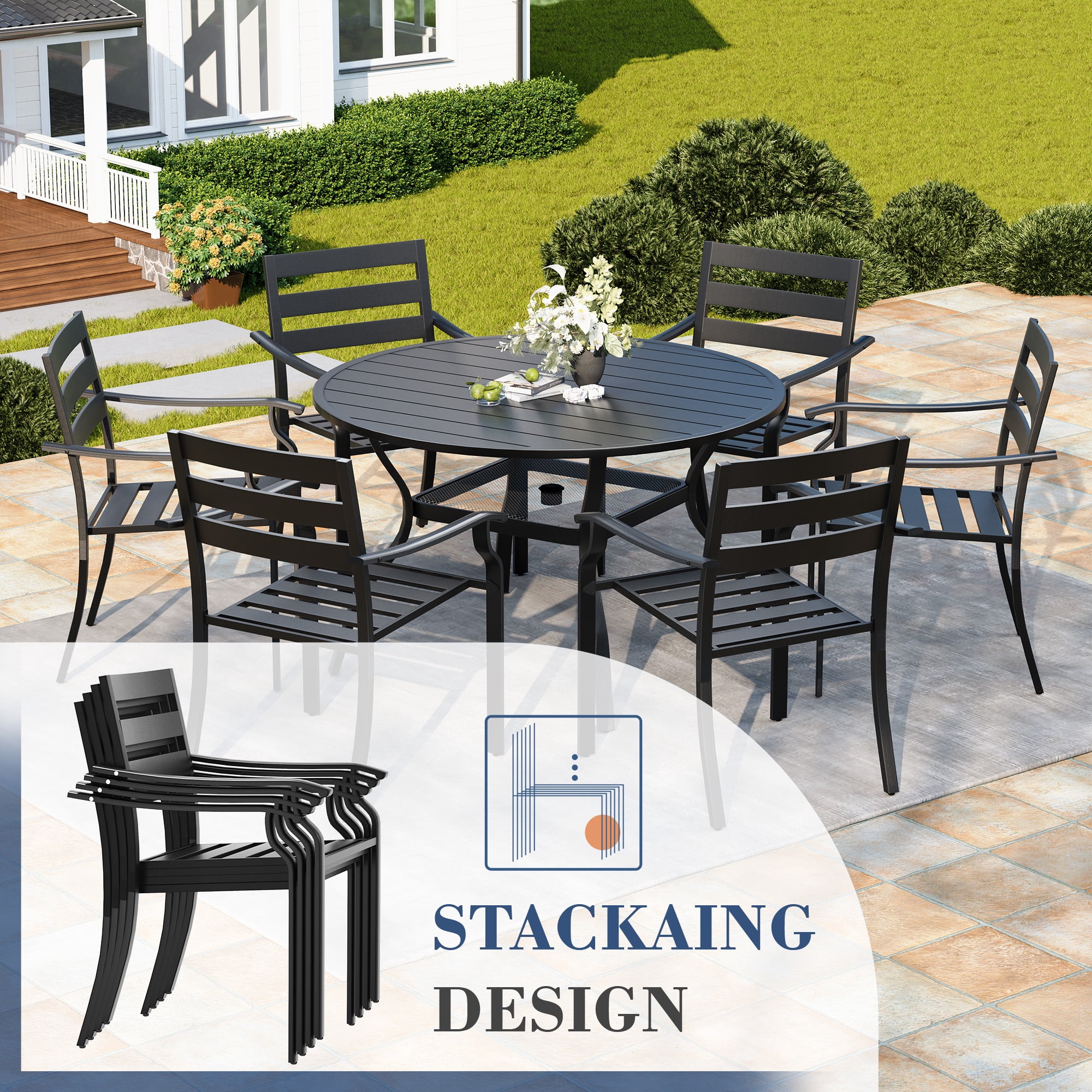 Homrest 7 Piece Metal Outdoor Dining Set with Round Table and Stackable Chairs, Black