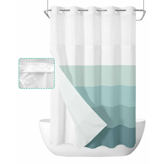 No Hook Shower Curtain with Snap in Liner, Teal Striped Gradient Rustic Wood Board Hotel Shower Curtains for Bathroom, Washable Shower Curtain Liner Set with Mesh Top Window, 36"x78"