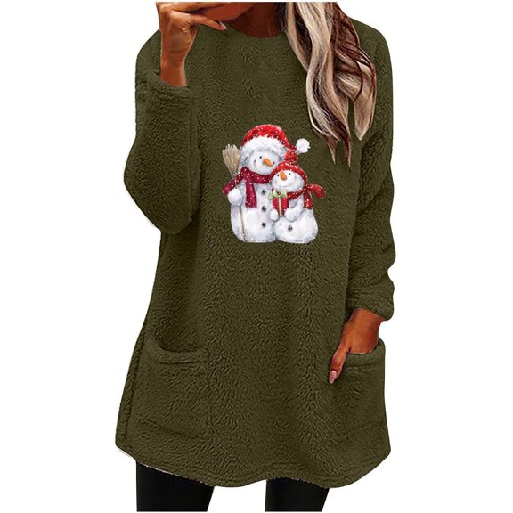 Viikei Christmas Sweaters for Women Plus Size Women's Round- Neck and Winter Loose Print Pocket Warm Long Sleeve Blouse Tops