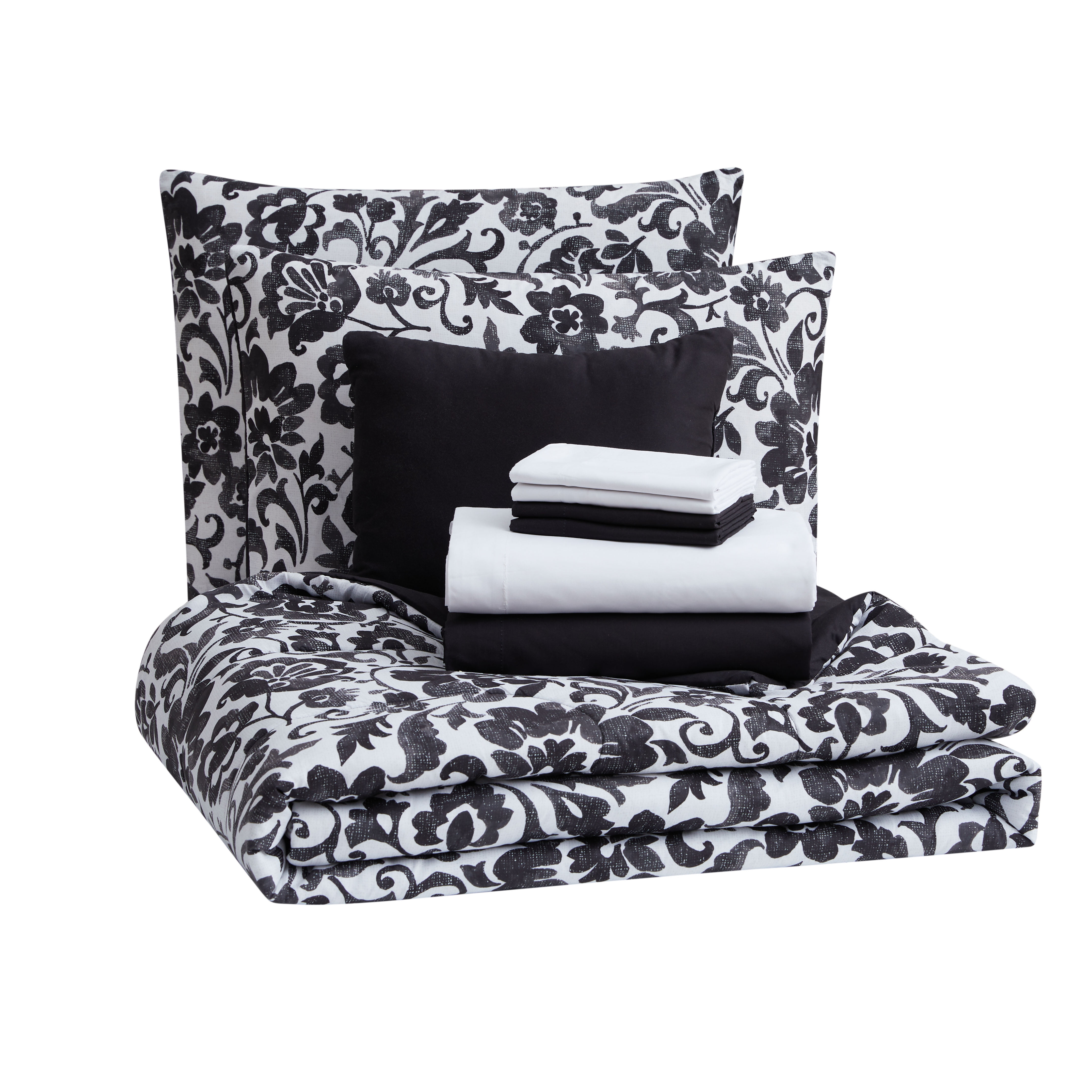 CURATED COLLECTION 12-Piece Bed in a Bag Black & White Floral, King