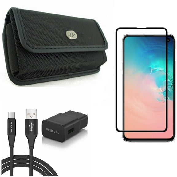 Galaxy S10e Screen Protector w Case Belt Clip w Fast Home Charger - Tempered Glass 5D Curved Edge, Rugged Holster Canvas, Type-C 6ft USB Cable Quick for Samsung Galaxy S10e Phone