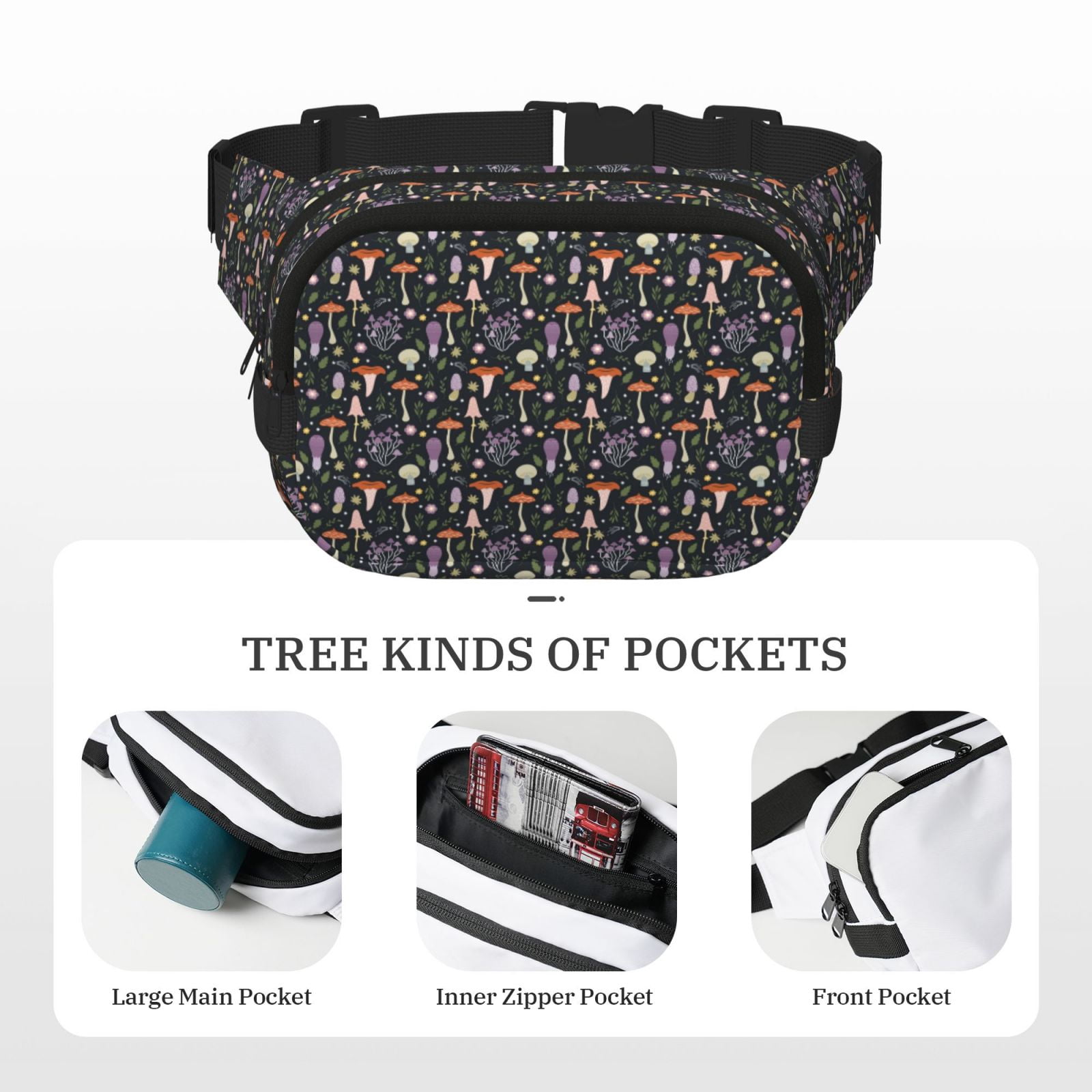 Hirioo Mushroom for Double Layer Waist Bag Adjustable Fanny Pack For Travel Running Hiking