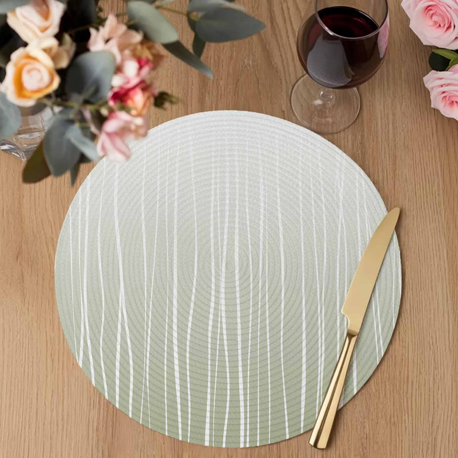 Sage Green Round Placemats Set of 4 Ombre Gradient Striped Minimalist Texture Place Mats Indoor Woven Table Mats Washable Heat-Resistance Braided Dining Table Placemats for Kitchen Party 15 Inch
