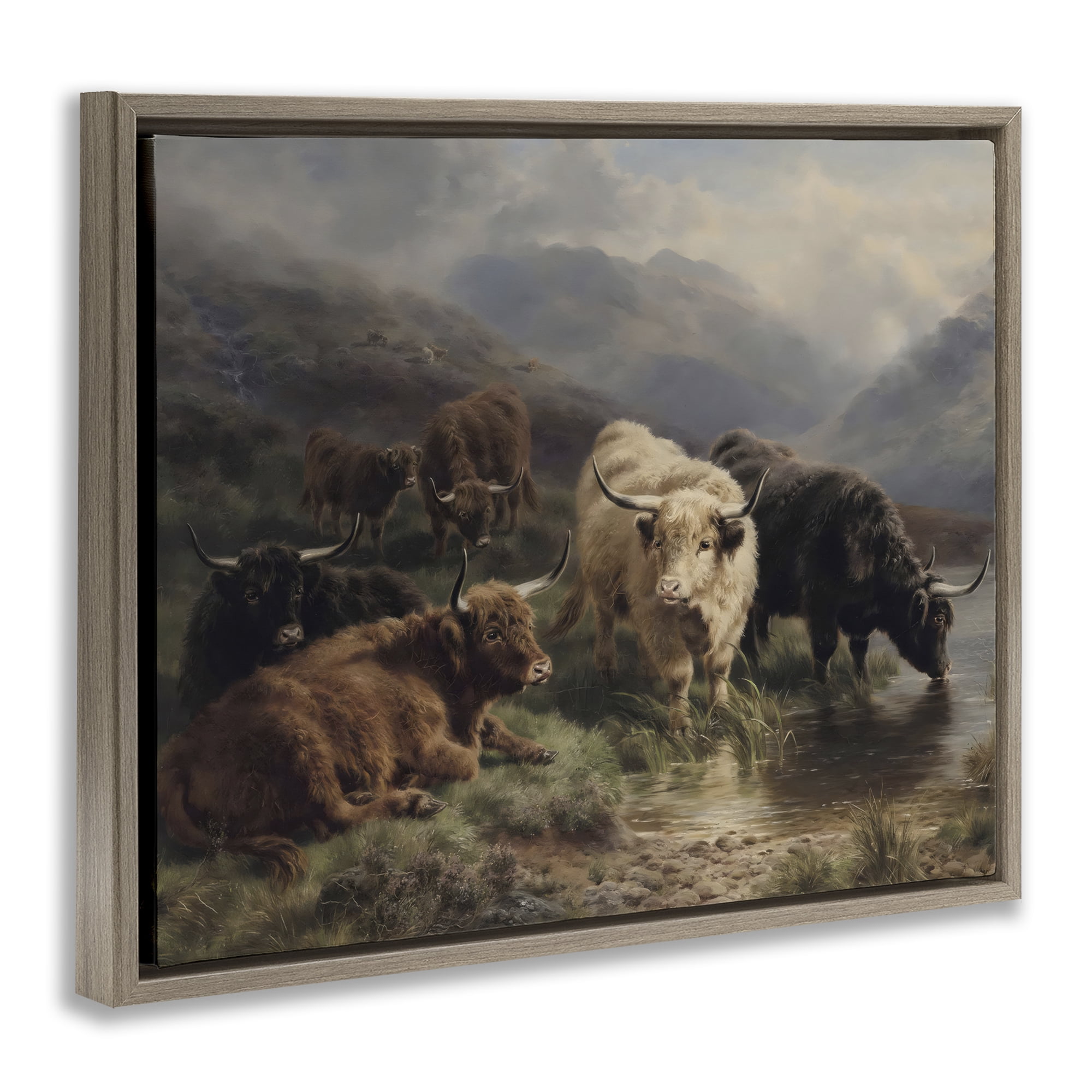 Stupell Industries Highland Cows Beside Misty Loch Brown Framed Floater Canvas Wall Art, design by Arlington Prints