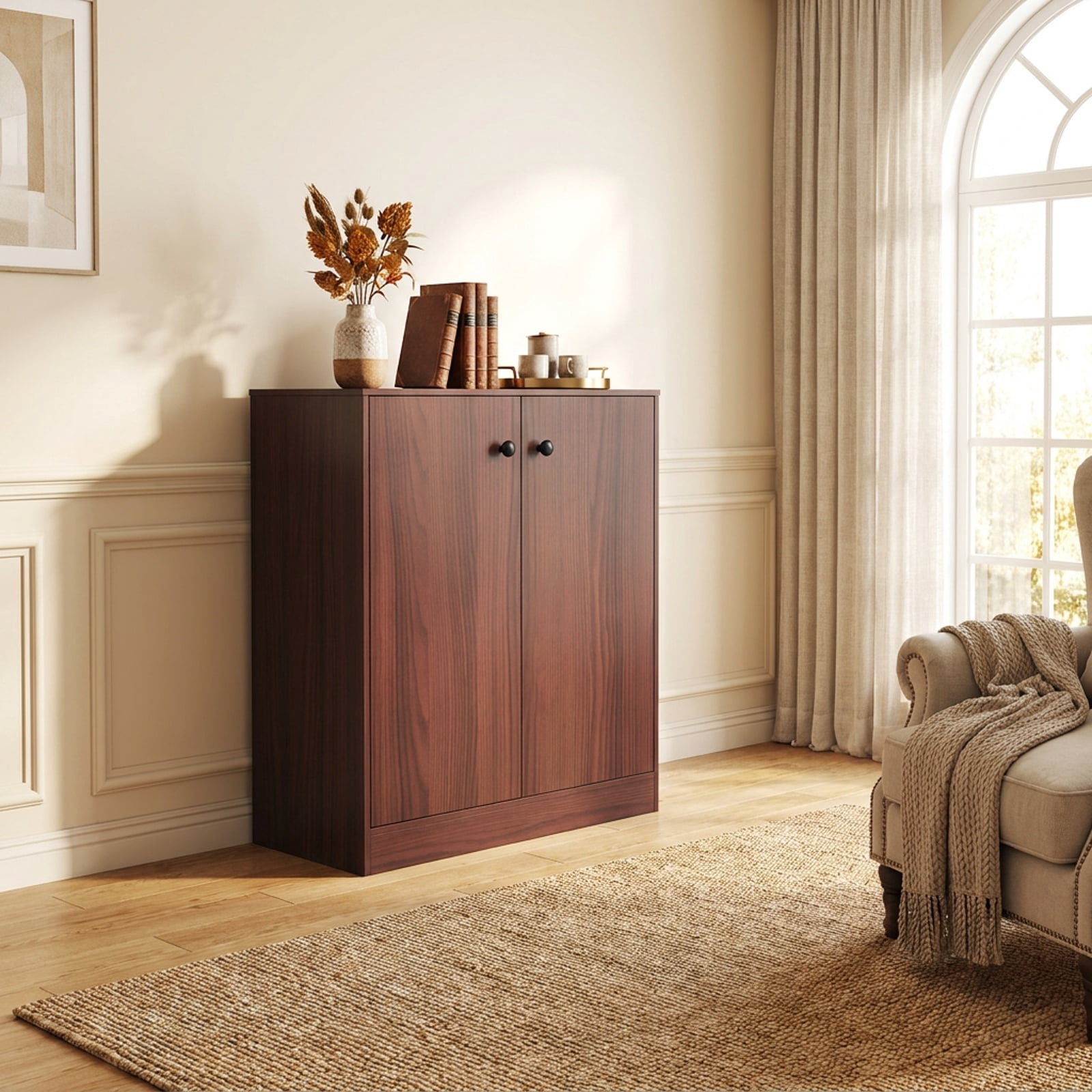 Furnibear 2 Door Modern Accent Cabinet with 3 Tier Shelf and Display Top Sideboard Buffet for Entryway Hallway and Living Room, Brown