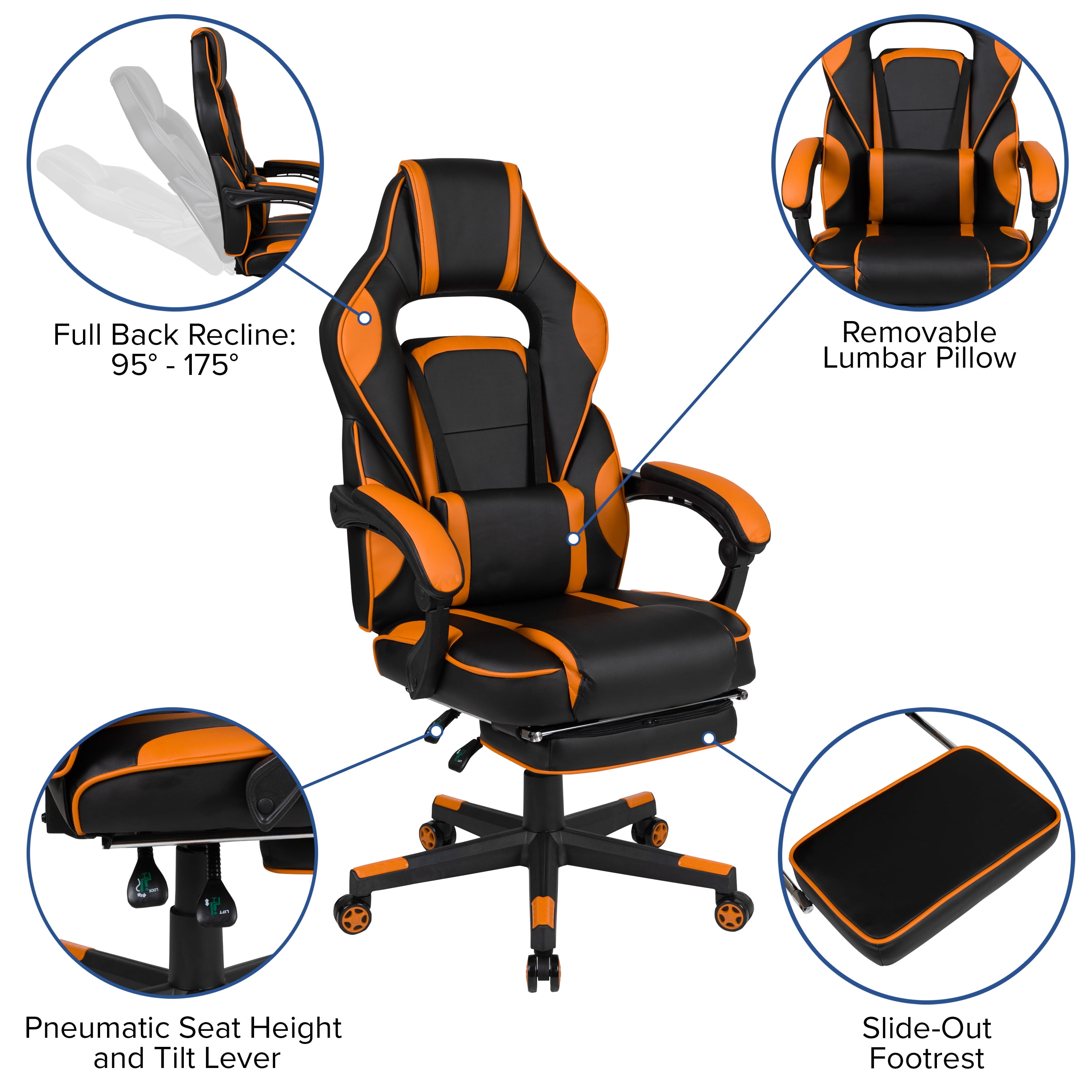 EMMA + OLIVER Reclining Back Leather PC Gaming Chair with Massaging Lumbar, Black Orange