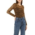 thumbnail image 5 of MODA NOVA Junior's Round Neck Long Sleeve Semi Sheer Floral Lace Blouse Brown S, 5 of 5
