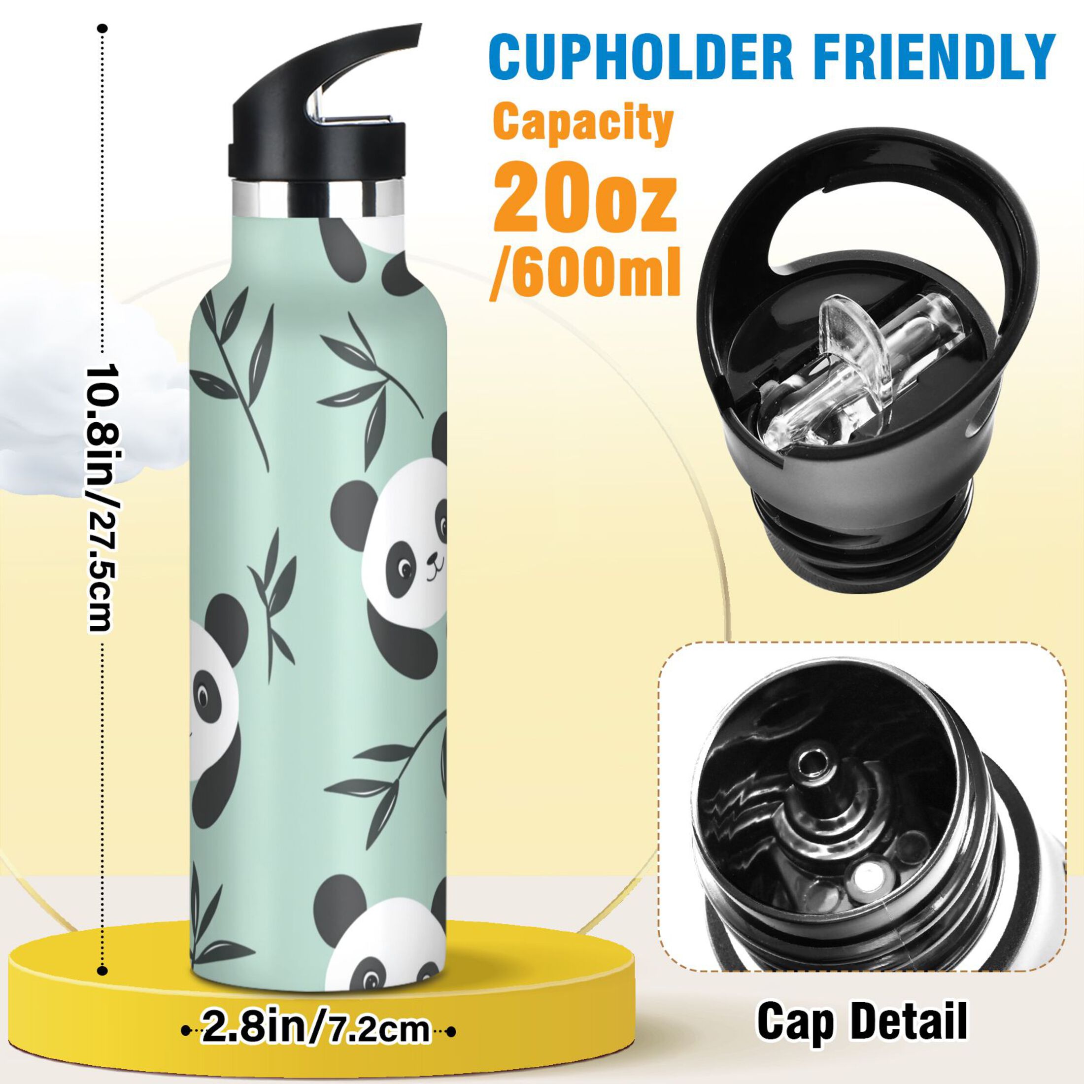 Kids Insulated Stainless Steel Sports Water Bottle 600ml (20oz) Cute Pandas