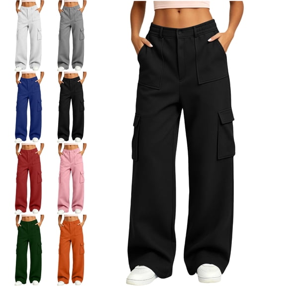 SYwaren Women's Cargo Pants Casual Button Multi Pocket Solid Color Athletic Fall Winter Utility Lounge Sweatpants