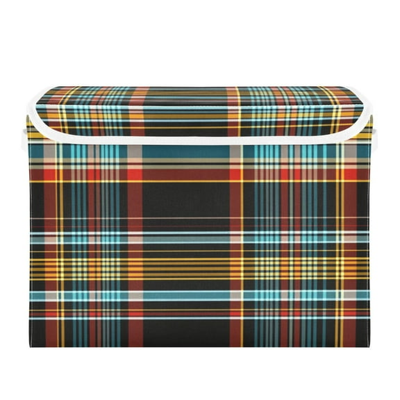 Black Plaid Pattern Large Storage Bins with Linen Collapsible Lid Storage Box 16.7 x 12.6 x 11.8in