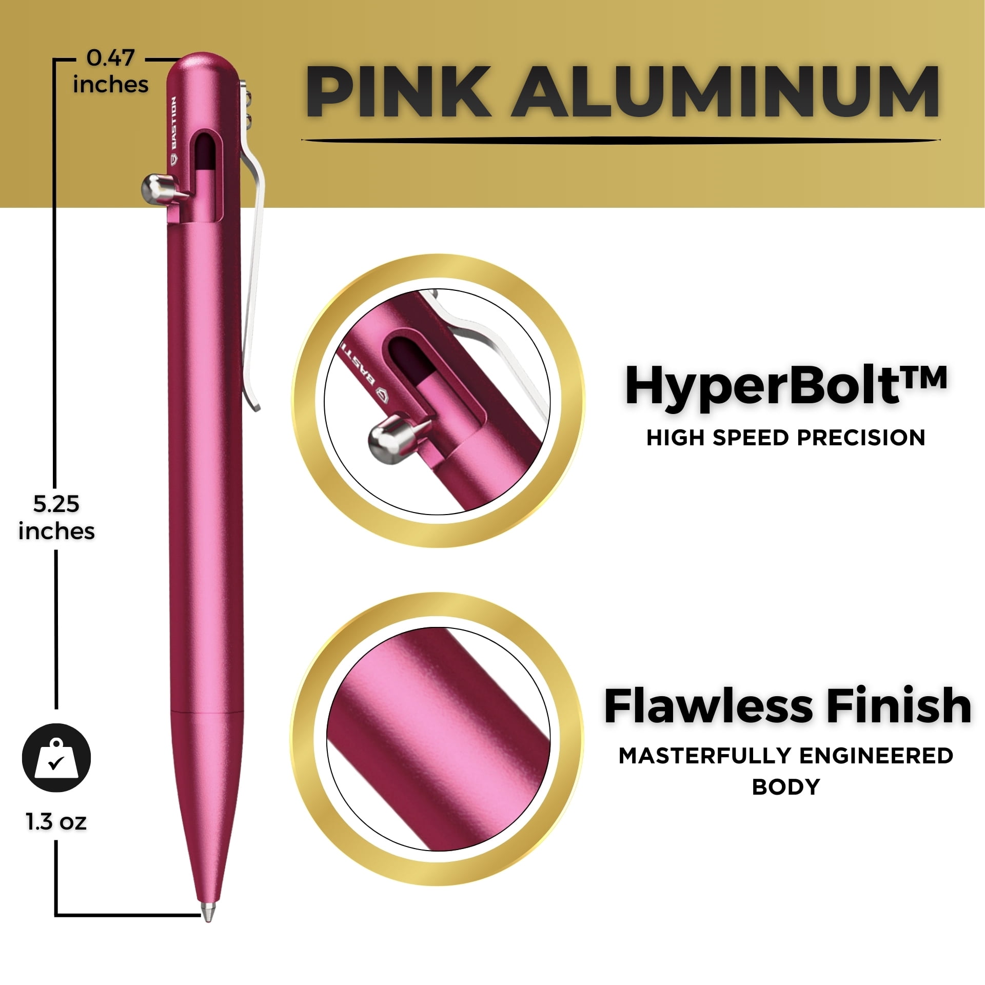 Bastion Aluminum Bolt Action Pen, Pink, Ballpoint Refillable, 1 Count