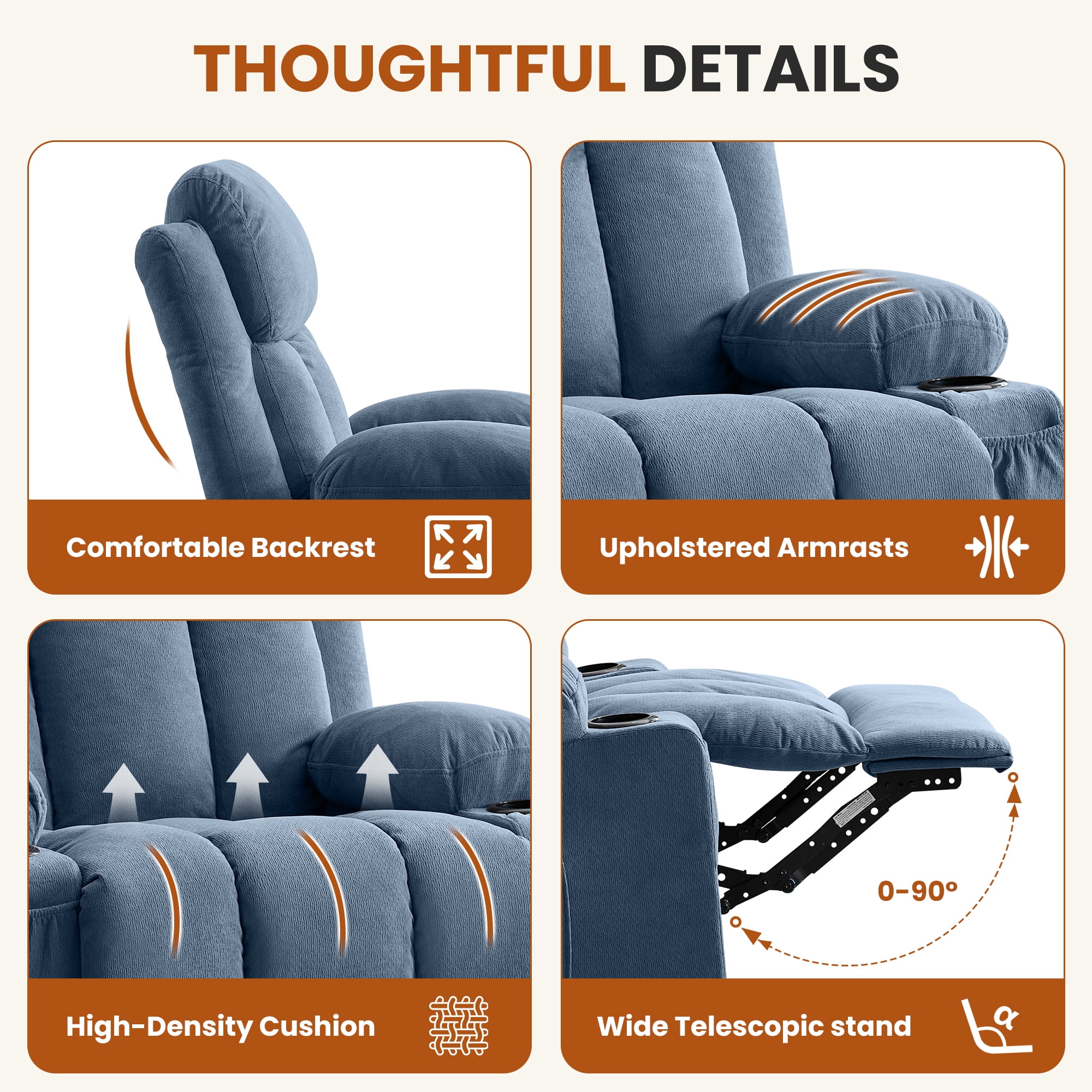 Alvantor Swivel Recliner Chair with Massage & Heat for Adults, Single Rocker Sofa with Cup Holders for Bedroom Home Theater Blue