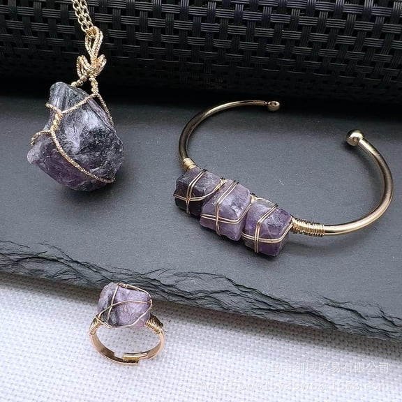 Wire Wrapped Nuggets Natural Amethyst Pendant Necklace & Cuff Bangle & Rings sets Alloy Jewelry sets Golden 18.90~49.69 inch(480mm) Amethyst
