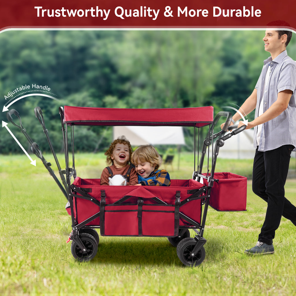 Collapsible Garden Wagon Cart with Removable Canopy, VECUKTY Foldable Wagon Utility Carts with Wheels and Rear Storage, Wagon Cart for Garden Camping Grocery Shopping Cart, Red - image 5 of 9