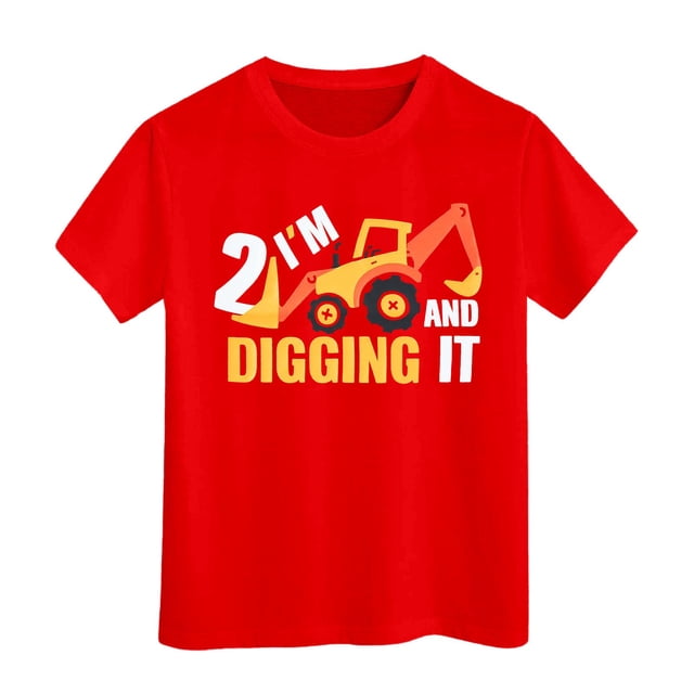 Sunnyoo T-Shirt à Manches Courtes pour Petits Garçons avec Graphique d'Excavatrice, Rouge