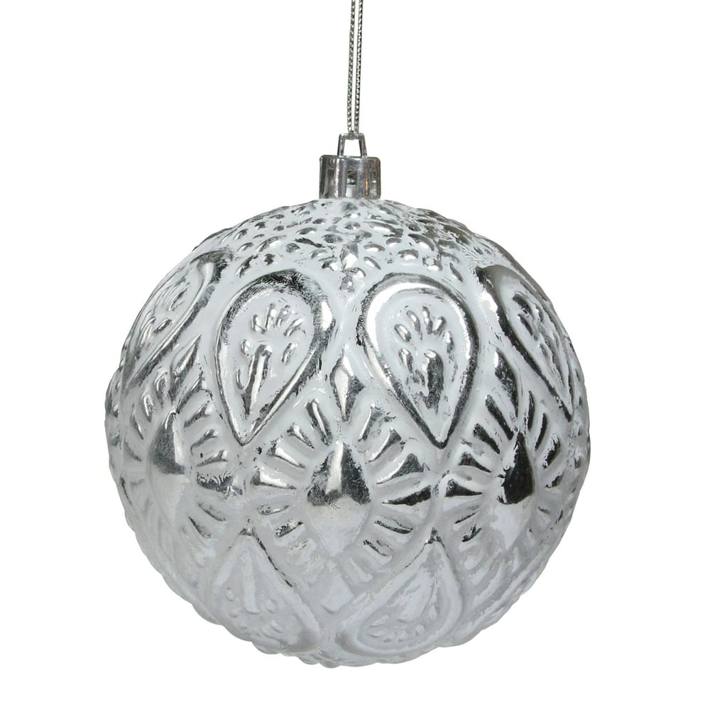 Matte White and Silver Distressed Christmas Ball Ornament 3.5" (90mm