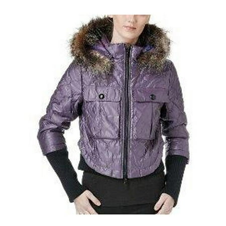 G.E.T. Women's Cozy Winter Zip Up Nylon Coat Jacket With Faux Fur Hood Two Button Front 3/4 Sleeves Activewear Outerwear Purple