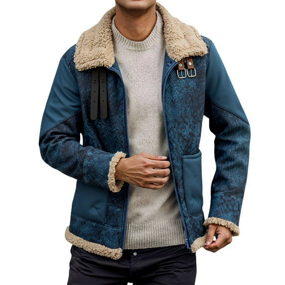 Tisuna Mens Zip Up Jacket Color Block Long Sleeve Lapel Neck Coat Thick Warm Autumn Winter Men Fleece Jacket Blue Size L