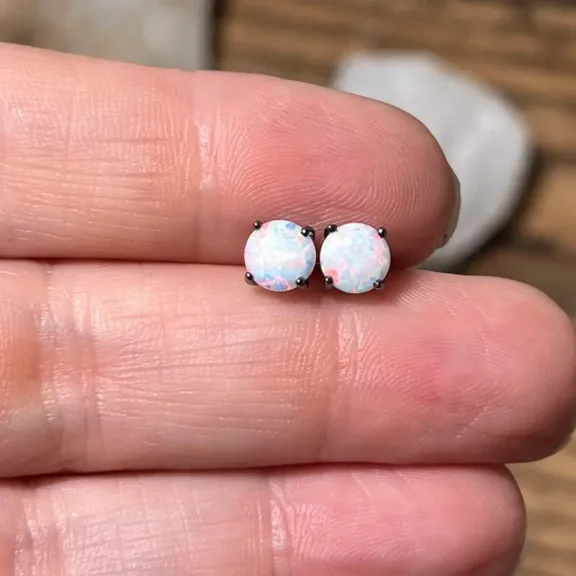 Mangal Jewels 3 Ct Round Cut 4mm White Opal Solitaire Womens Stud Earrings 14k Black Gold Finish