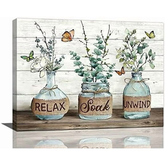 Farmhouse Bathroom Decor Wall Art Rustic Botanical Bathroom Pictures Canvas Print Bathroom Relax Soak Unwind Eucalyptus Butterfly Painting Prints Framed Artwork Decor for Bathroom 12"x16"