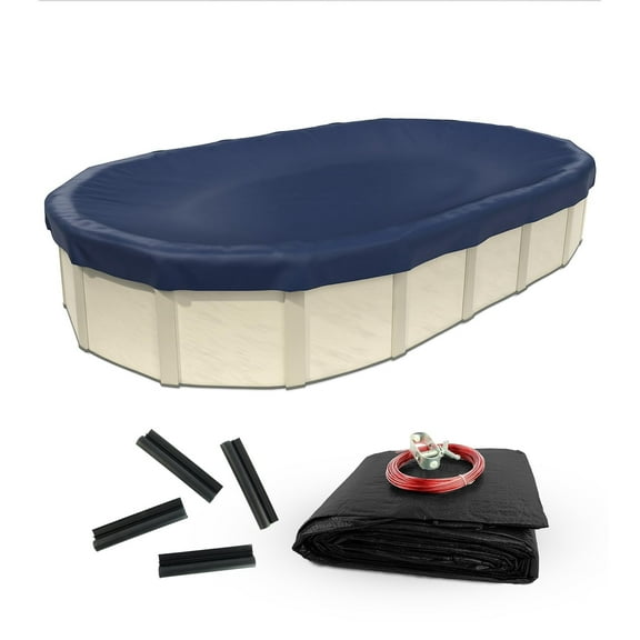 Buffalo Blizzard Deluxe Plus Blue/Black Oval Winter Cover with Wind Guard Clips, 16' x 32'