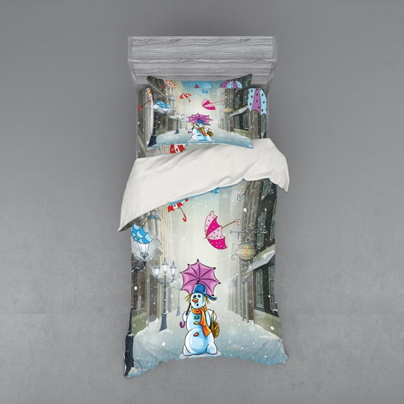 Winter Duvet Cover Set, Childish Cartoon Image with Snowman and Colorful Umbreallas Between Buildings, Bedding Set with Shams and Fitted Sheet, 3 Sizes, by Ambesonne
