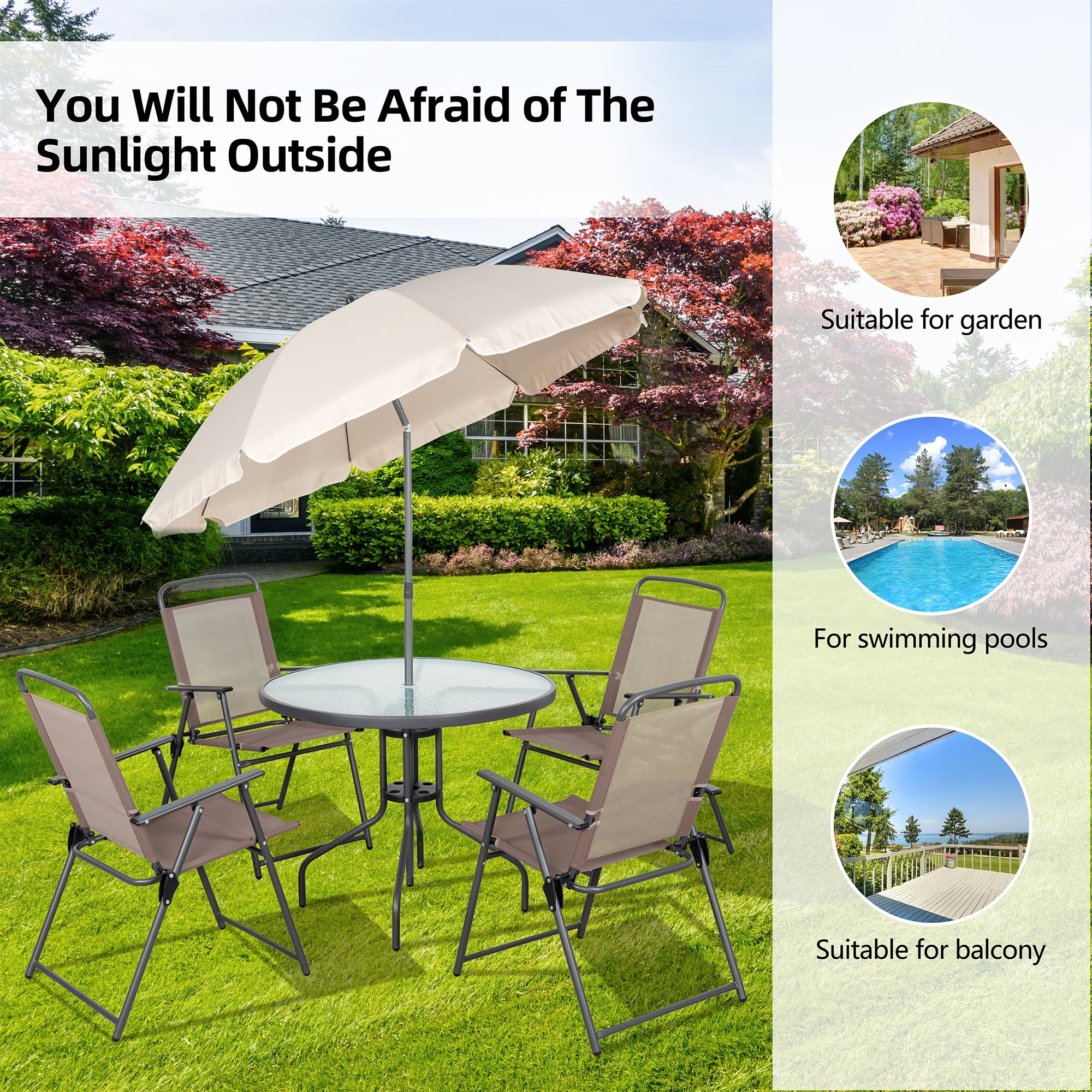 6pc patio set with umbrella Walsunny 6-Piece Patio Furniture Set with Umbrella, Folding Chairs,  Tempered Glass Table, Dark Blue
