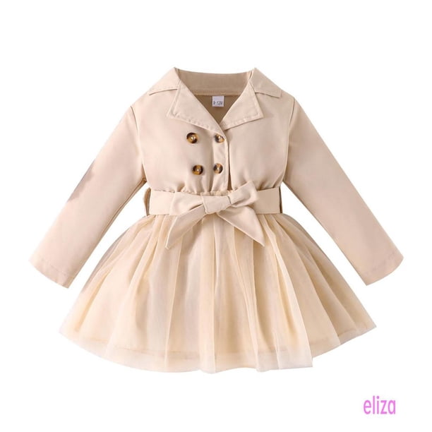 Eliza-Girls Otoño Casual A-line Vestido De Manga Larga Solapa Tul Patchwork Con Cinturón