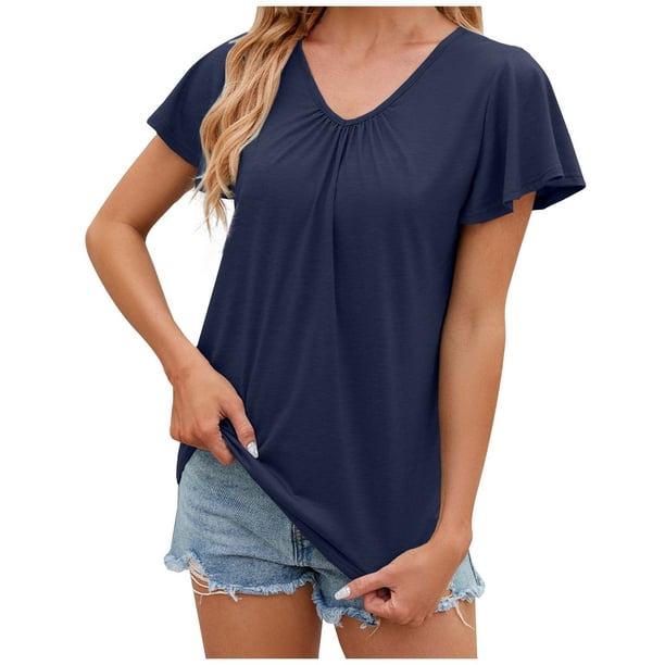 Camiseta de manga corta con cuello en V y pliegues para mujer, corte holgado, color liso, para uso informal o en la playa