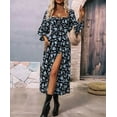 thumbnail image 3 of Womens Casual Square Neck Long Sleeve Boho Floral Midi Dress Print Side Split Dresses Blue L, 3 of 6