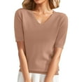 thumbnail image 2 of Soft Wool Blend V-Neck Sweater for Women 2025 Spring Fashion Short Sleeve Top Thin Knit Business Casual Pullover Camel XL, 2 of 8
