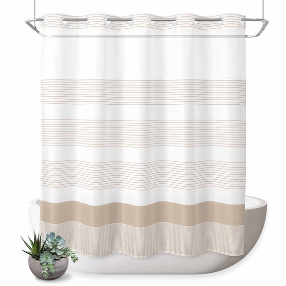 No Hook Shower Curtain, Brown Stripe Shower Curtains for Bathroom with See Through Top Window, Modern Rustic Horizontal Brown Striped Waterproof & Washable Bath Curtain Long 72"x78"