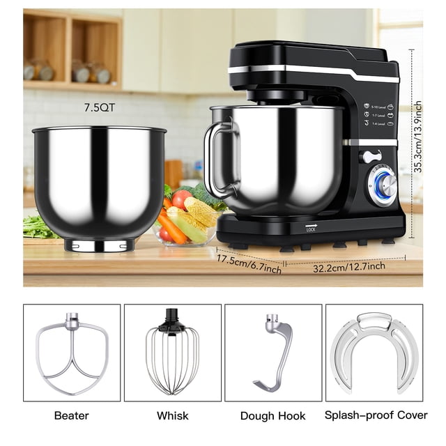 Kojooin Electric Food Mixer, 7.5QT 600W 10-Speed Tilt-Head Stand Mixer with Stainless Steel Bowl and 3 Mixing Attachments