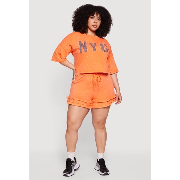 Women's Plus Size Acid Wash Ruffle Trim Shorts