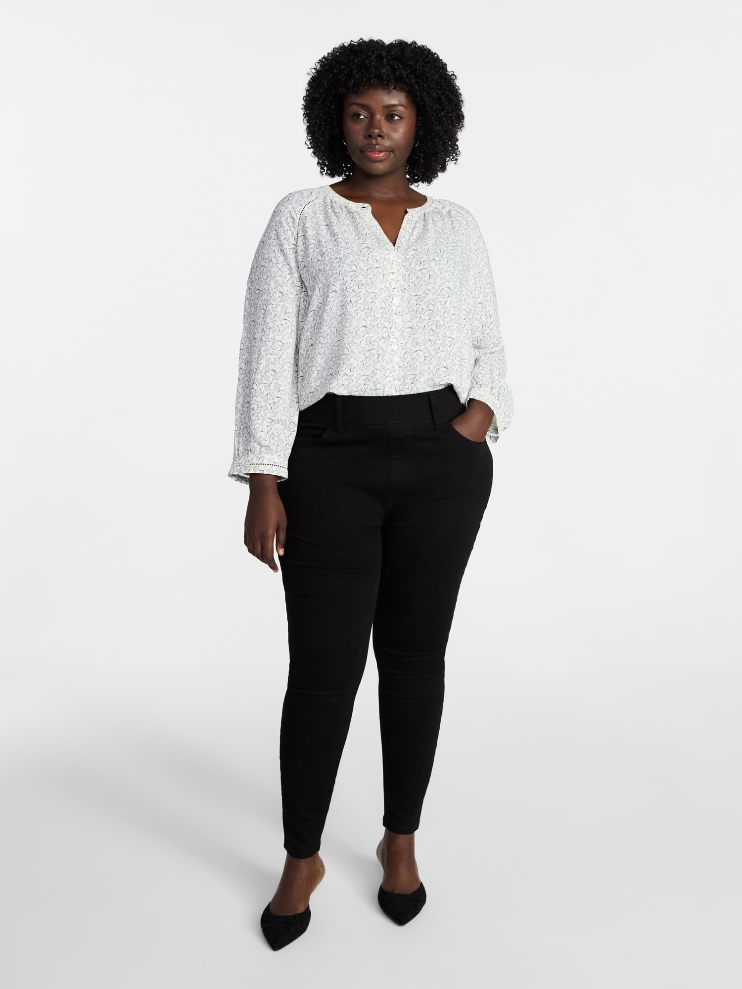Terra & Sky Women's Plus Size Button Blouse with 3/4-Length Sleeves, Sizes 0X-5X