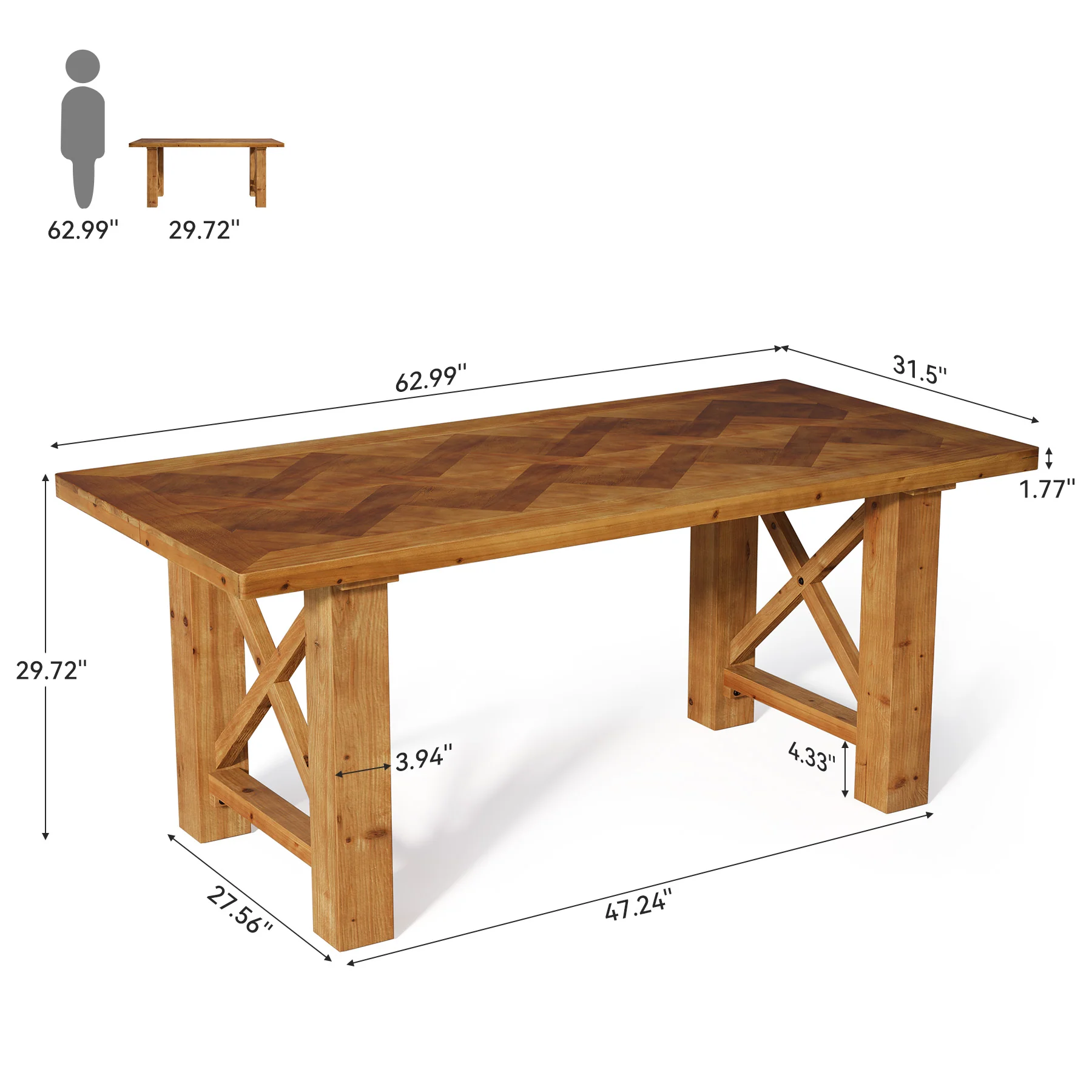 Hommoo 63 Inch Solid Fir Wood Dining Table with Herringbone Parquet Top, Rustic Farmhouse Rectangle Kitchen Table for 4-6 People, X-Frame Design, Natural