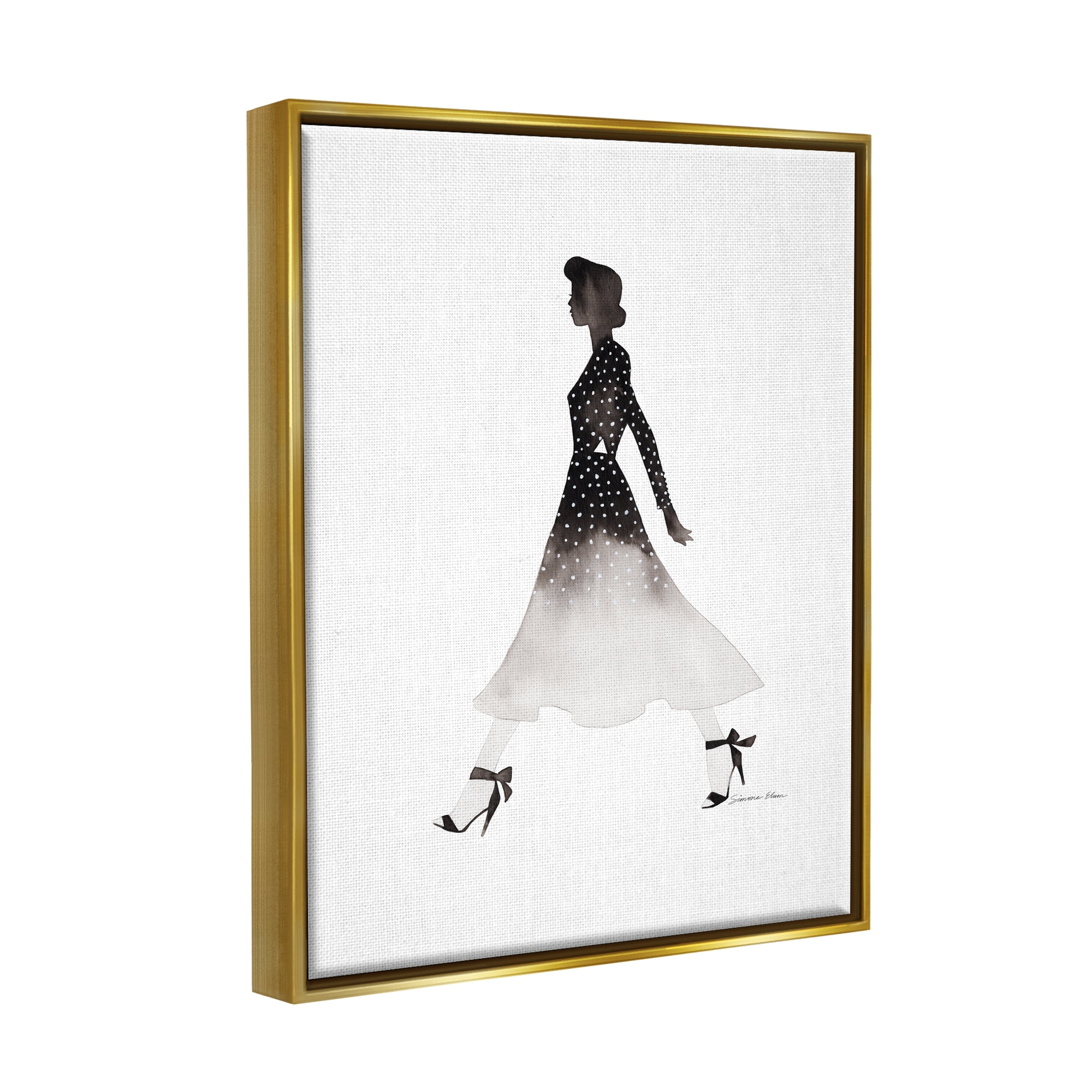 Stupell Industries Girl in Black Dress Beauty & Fashion Painting Gold Floater Framed Art Print Wall Art, 17 x 21