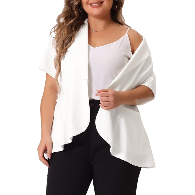 Blazers de oficina de manga corta con botones y bolsillos para mujeres de tallas grandes Agnes Orinda 3X en blanco