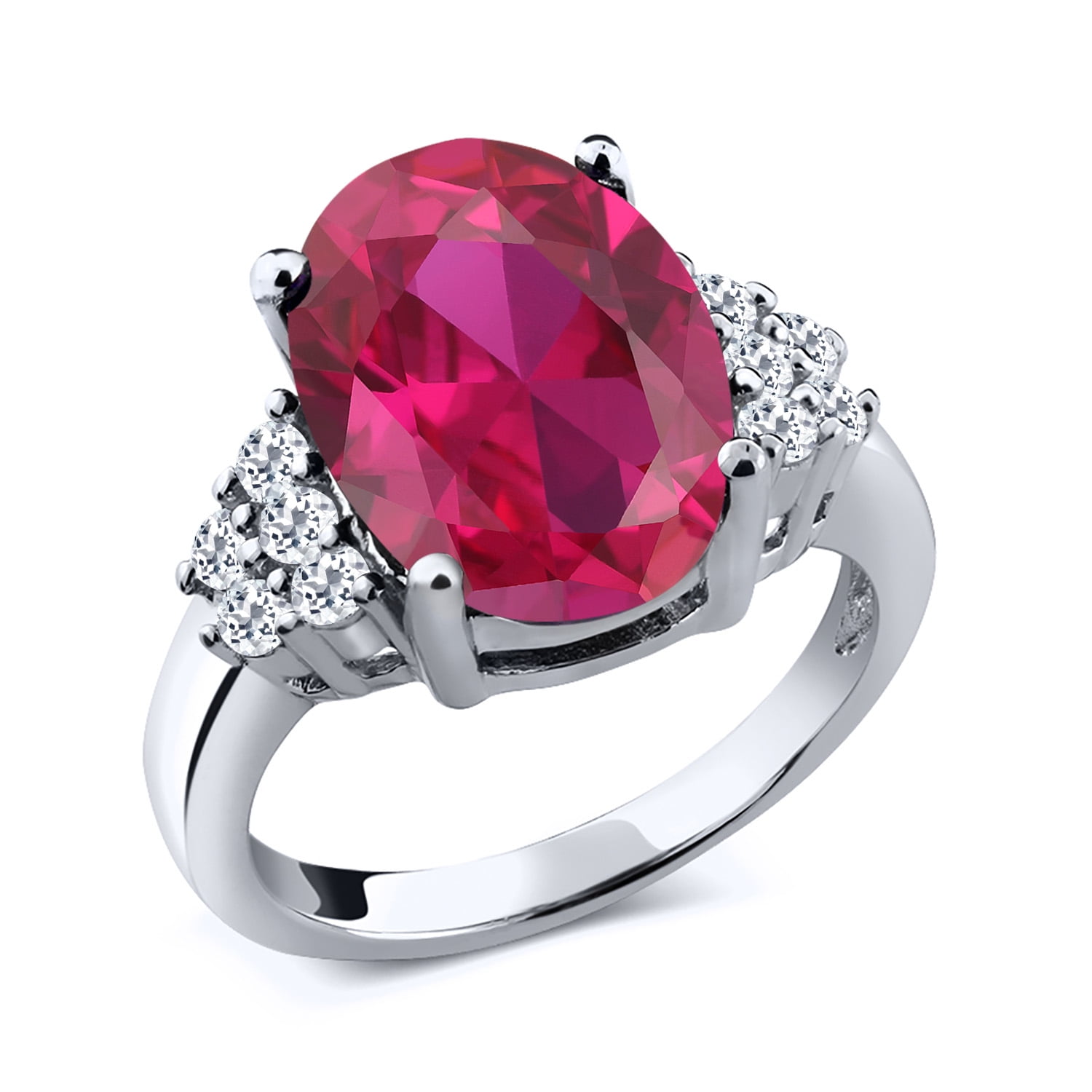 Gem Stone King 5.40 Cttw Red Created Ruby and White Topaz Engagement Ring for Women | 925 Sterling Silver | Oval 12X10MM | Wedding Engagement Anniversary Promise Ring for Women | Size 5