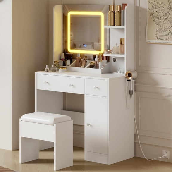 Yesurprise Girls Vanity Desk with Mirror, Makeup Desk with Lights in 3 Colors, Table with Charging Station, 3 Drawers, 3 Storage Shelves