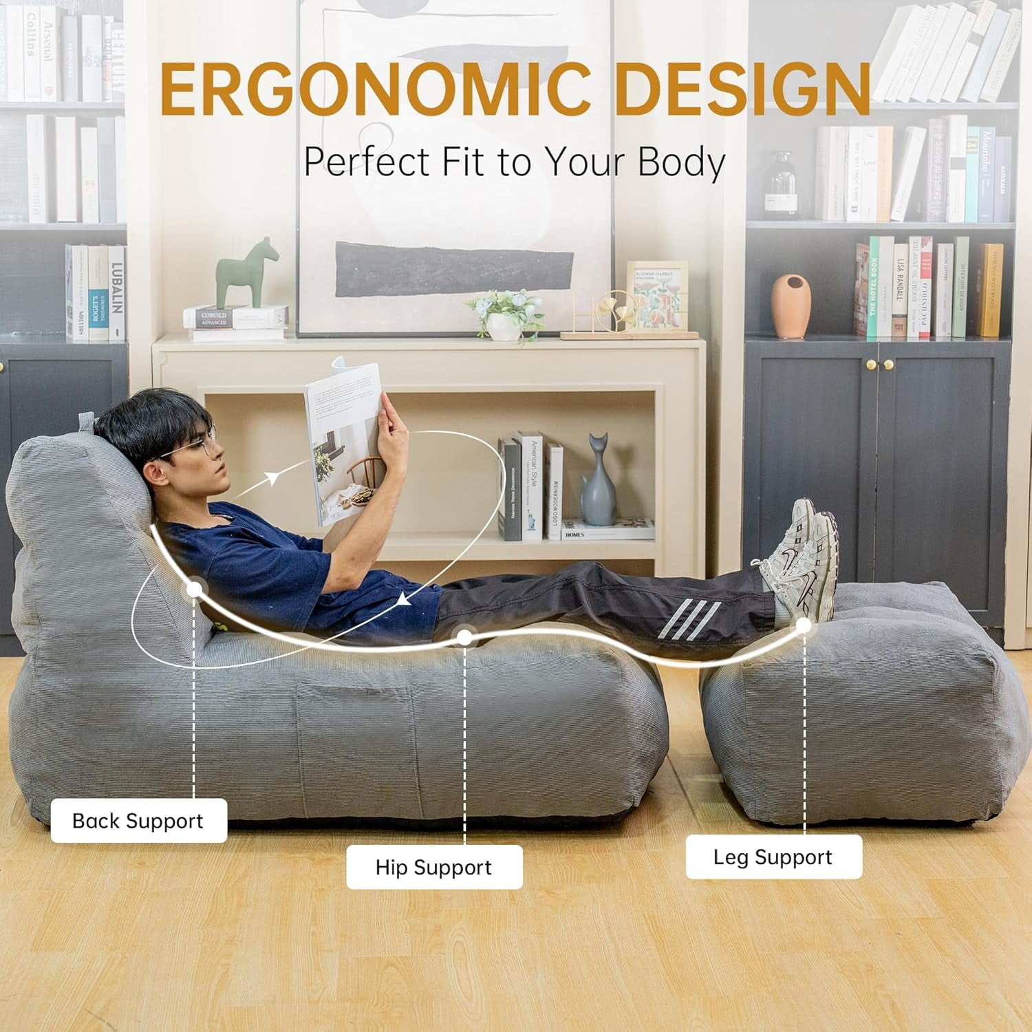 LinkRomat Giant Bean Bag Chair with Ottoman for Adults, Oversized Corduroy Memory Foam Beanbag Chair with Filler Included, Comfy Lounge & Gaming Chair for Living Room and Bedroom