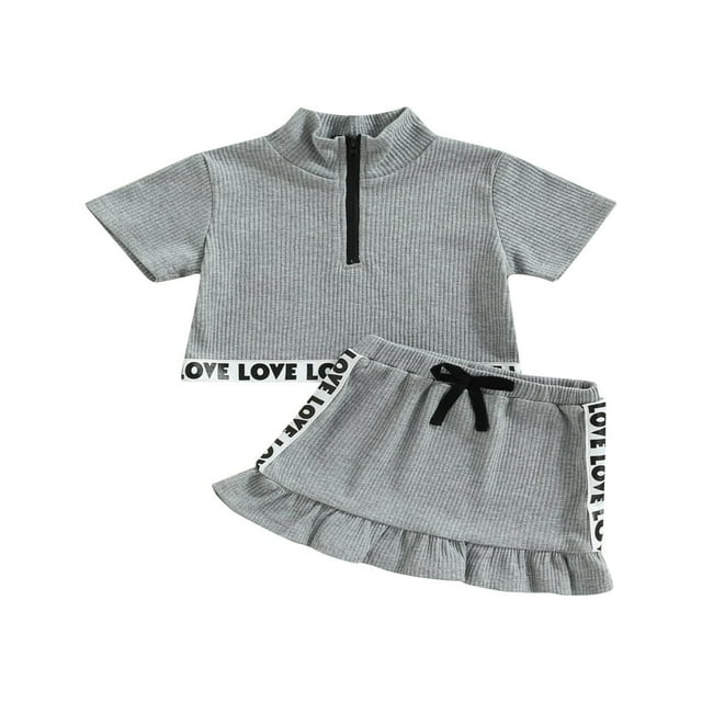Girl‘s Two-Piece Suit Toddler Kid Girl Letter Pattern Short Sleeve Front Zipper Tops + Ruffle Hem Mini Skirt