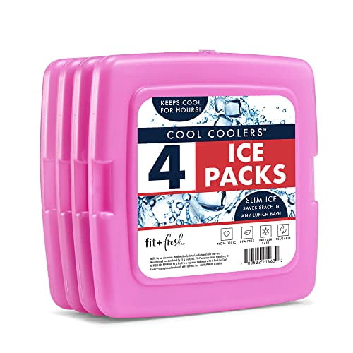 Cool Coolers by Fit + Fresh, Reusable & Long-Lasting Slim Ice Packs, Perfect Addition to Your Lunch Box, Camping Accessories, Insulated Lunch Bag, Beach Cooler Backpack & More, 4PK