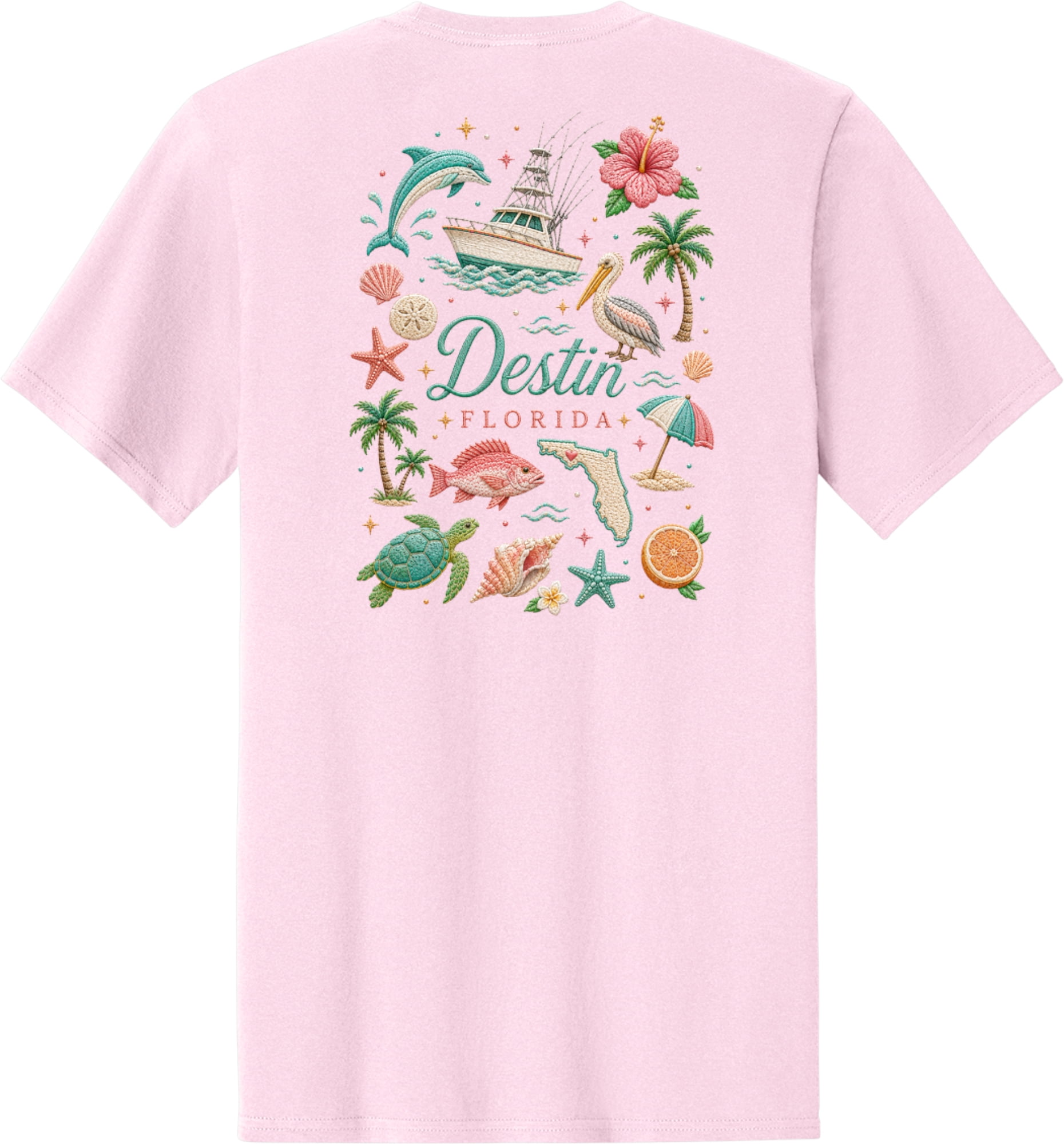 Destin Faux Embroidery Front and Back Printed Short Sleeve T-Shirt