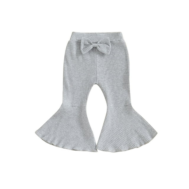 Kmbangi Kids Girl Flare Pants Solid Color Ribbed Elastic Bell Bottoms Trousers Bow Ruffle Pants for Toddler Baby