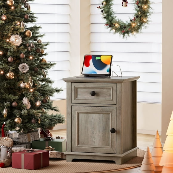FAGAGA Table d'Appoint pour Salon avec Station de Recharge, Table d'Appoint Carrée pour Sofa avec Tiroir et Tablette de Rangement Ajustable, Tables de Chevet en Bois Armoire de Rangement pour Chambre, Bureau / Chêne Divisé
