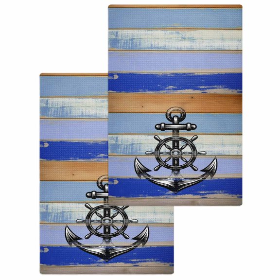 Nautical Anchor Kitchen Dish Towels for Drying Dishes Set of 2, Vintage Navy Blue Wooden Boards Country Waffle Weave Microfiber Hand Tea Bathroom Towels Quick Dry & Absorbent Towel 15.7x23.6